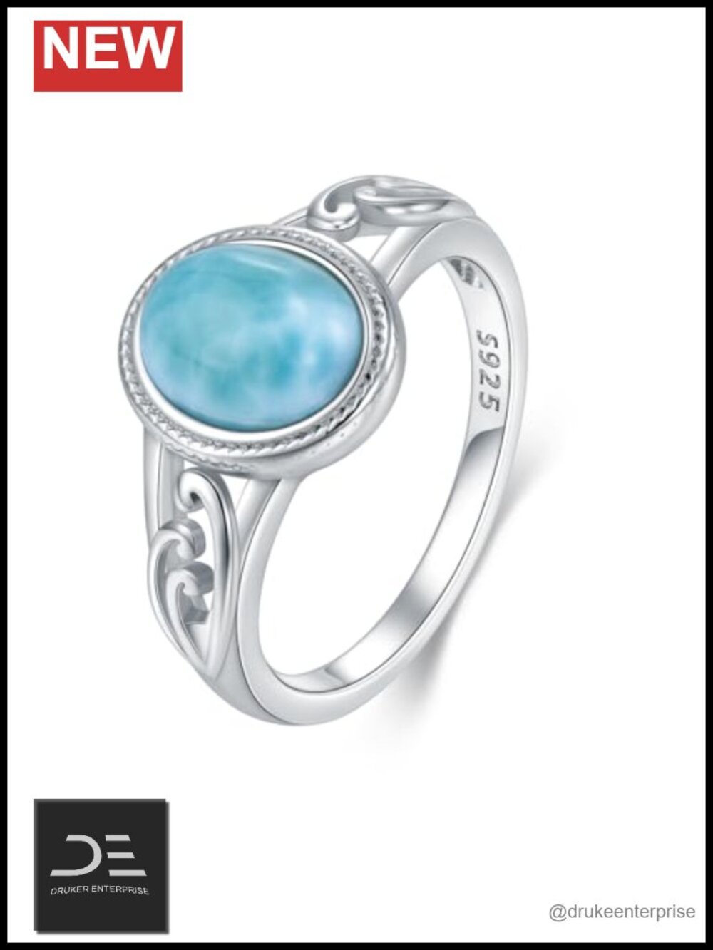 Natural Larimar Ring 925 Sterling Silver Oval Blue Gemstone Statement Jewelry